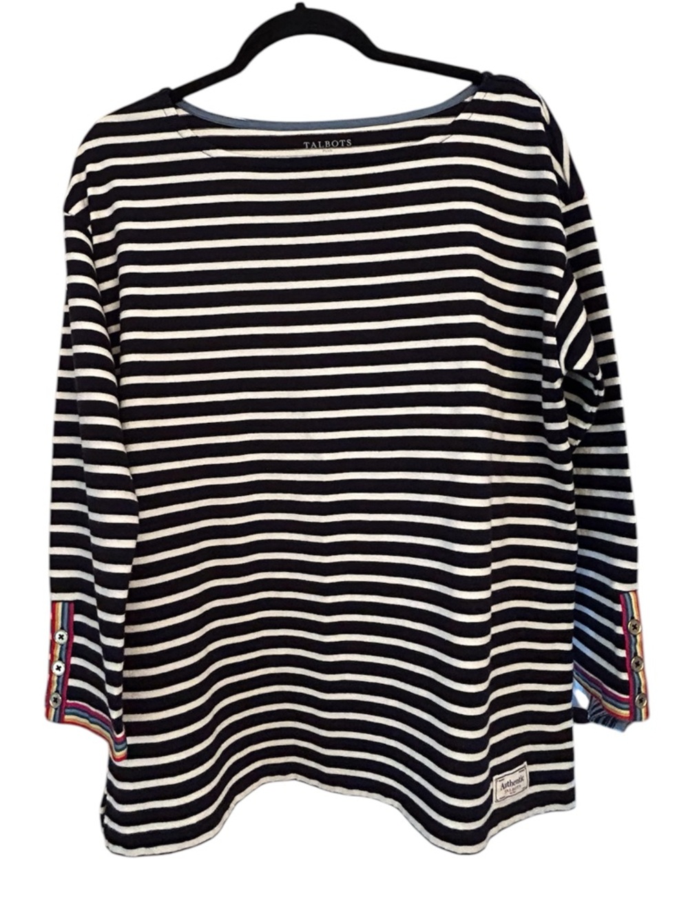 Talbots Authentic Navy and White Striped Top with Rainbow Ribbon Trim Size X